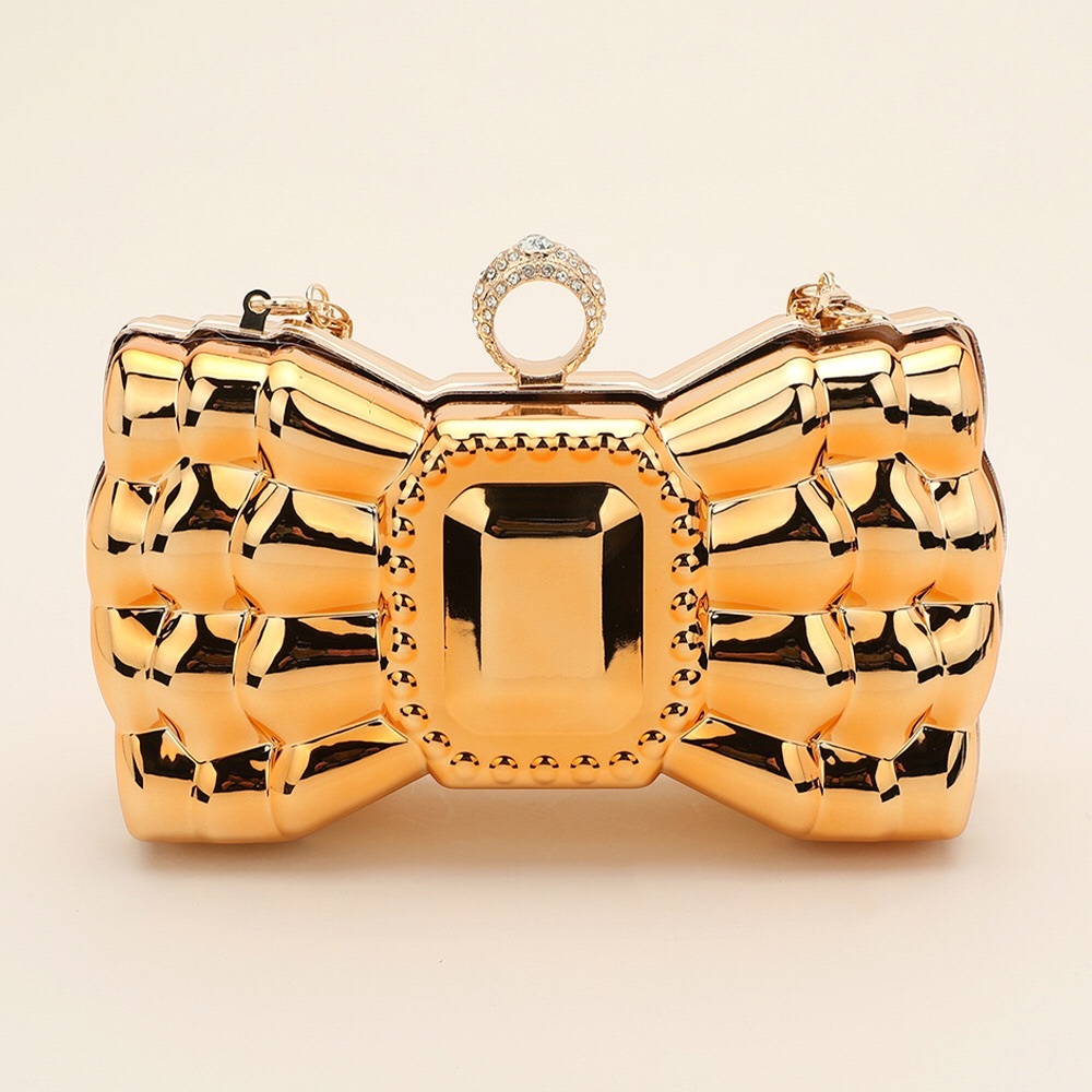 Metallic Gold or Silver Rhinestone Bow Clutch Bag